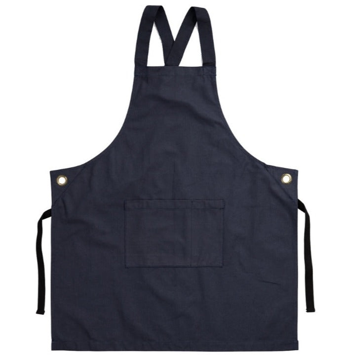 Navy heavy weight cafe style canvas apron. Blank or custom printed merchandise. Kindred Apparel Canada | Sustainable, ethical, organic and fair trade apparel