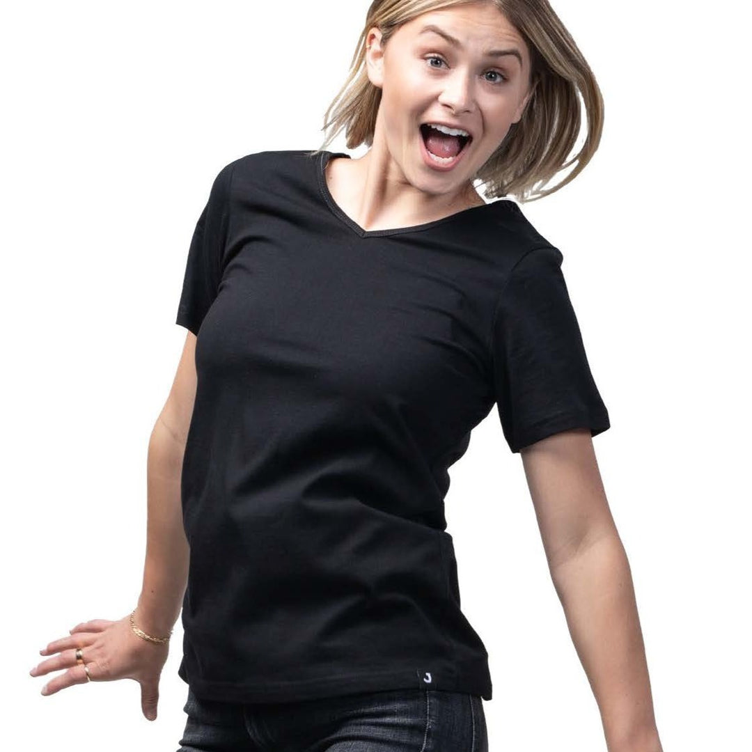 Sustainable & Ethically Made Blank Women's V-Neck Short Sleeve T-Shirt. Perfect for printing or wearing blank. Kindred Apparel Canada