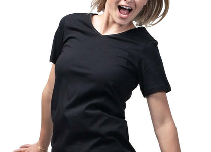 Sustainable & Ethically Made Blank Women's V-Neck Short Sleeve T-Shirt. Perfect for printing or wearing blank. Kindred Apparel Canada