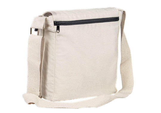 Made to order blank or custom printed multi-pocket Organic and fair trade canvas messenger bag with adjustable strap | Kindred Apparel Canada | Liminal Apparel | Joyya USA