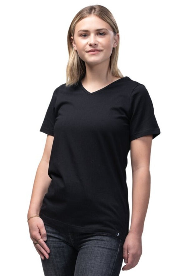 Sustainable & Ethically Made Blank Women's V-Neck Short Sleeve T-Shirt. Perfect for printing or wearing blank. Kindred Apparel Canada | Liminal Apparel | Joyya USA