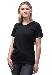 Sustainable & Ethically Made Blank Women's V-Neck Short Sleeve T-Shirt. Perfect for printing or wearing blank. Kindred Apparel Canada | Liminal Apparel | Joyya USA