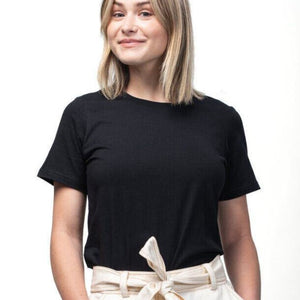 Women's organic cotton short sleeve black t-shirt available for screen printing or bulk resale orders | Kindred Apparel | Liminal Apparel | Joyya USA