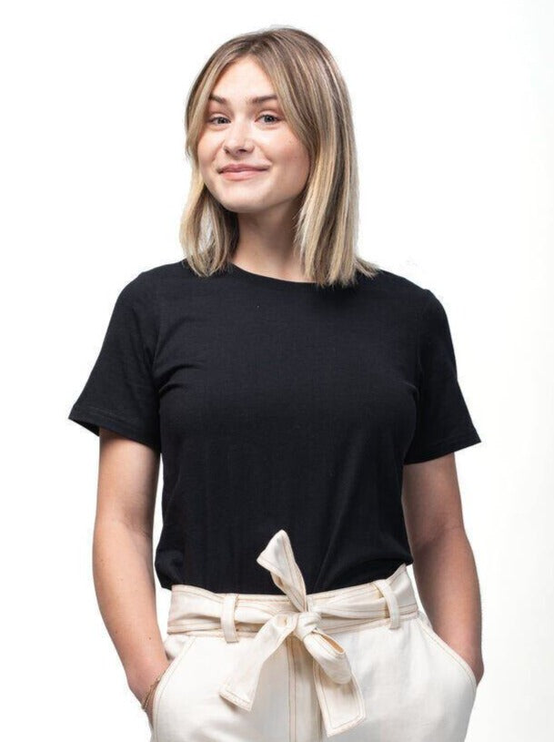 Women's organic cotton short sleeve black t-shirt available for screen printing or bulk resale orders | Kindred Apparel | Liminal Apparel | Joyya USA